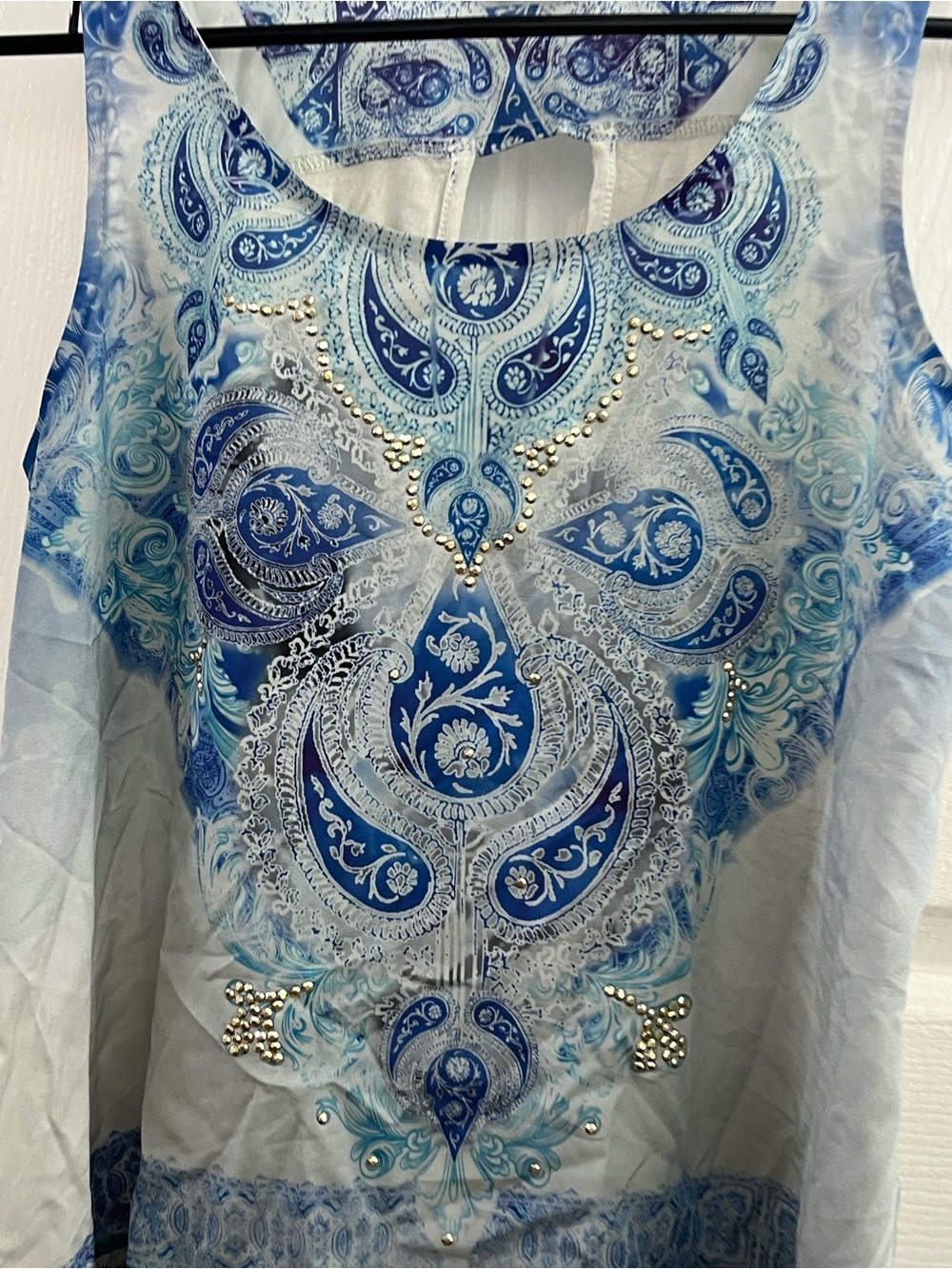 Blue Paisley Embellished Sleeveless Women’s Top